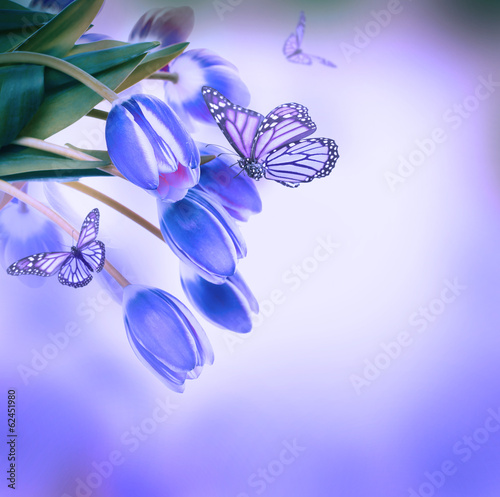 Tapeta ścienna Czerwone tulipany z zieloną trawą i motyl.