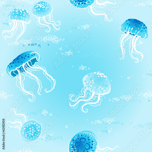 Naklejka samoprzylepna Bezszwowe morze wzór z jellyfishes i pęcherzyki.