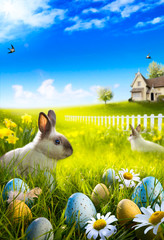 Wall Mural - Art Easter bunny rabbit and easter eggs on meadow.