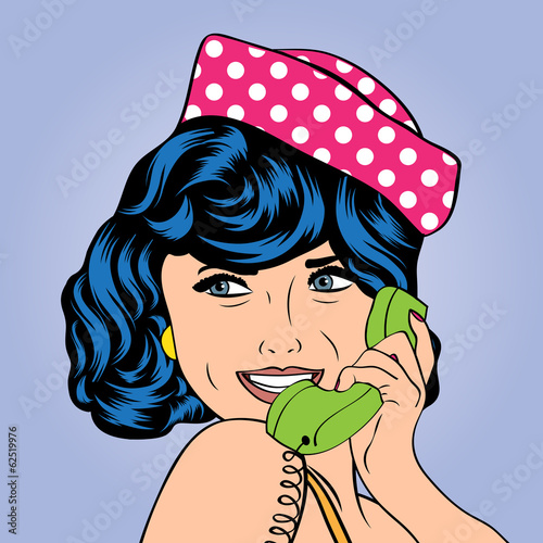 Board z aluminiowym obramowaniem Kobieta rozmowy przez telefon, ilustracja pop-art