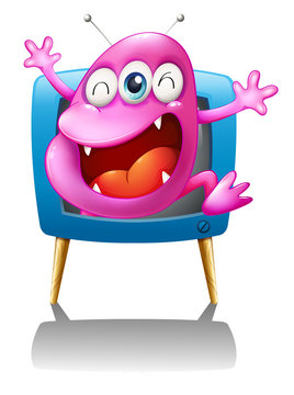 A blue TV with a pink monster