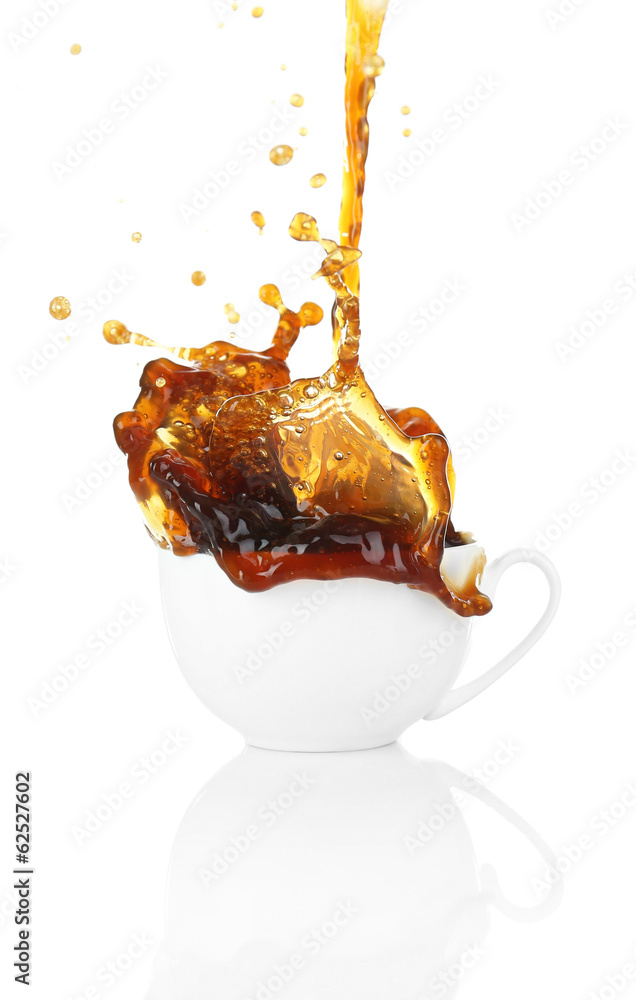 Pour coffee into cup, isolated on white