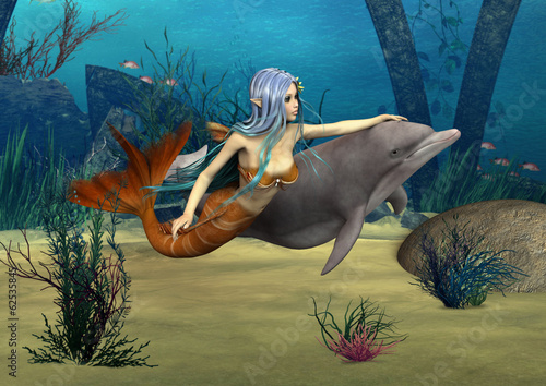 Naklejka samoprzylepna Syrenka i delfin