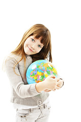 Globe on child hands. Isolated on white background