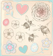 Hand Drawn Vintage Bees, Flowers and Hearts Vector Set