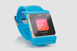 Blue smart watch with fitness app icon on the screen