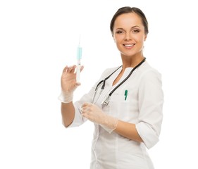 Young positive doctor woman with syringe 