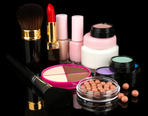 Professional make-up tools on black background