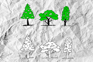 Poster - Set of trees with leaves on crumpled paper