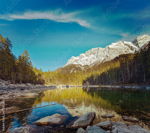 Obraz na płótnie canvas dwuczęściowy "dyptyk" Jezioro frillensee i zugspitze - najwyższa góra w Niemczech