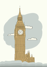 Big Ben, London, England, UK. Hand Drawn Illustration
