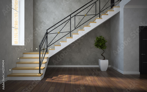 Naklejka dekoracyjna Part of the classical interior, staircase view with plant