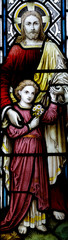 Sticker - Jesus Christ with child: The Good Shepherd in stained glass