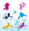 Silhouette of swimming toddlers, bubble water
