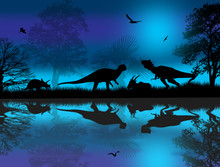 Dinosaurs Silhouettes At Blue Night
