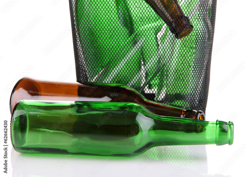Glass bottles in recycling bin isolated on white