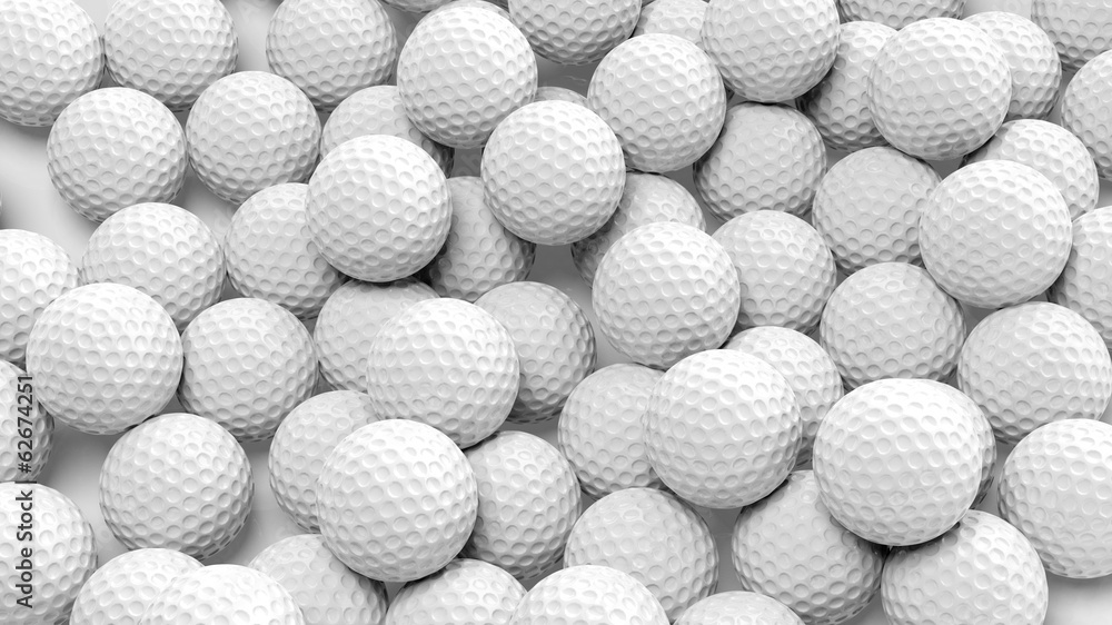 Many golf balls together closeup isolated on white - obrazy, fototapety, plakaty 