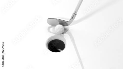 Obraz na płótnie canvas Kij golfowy z piłką i dziurą na białym