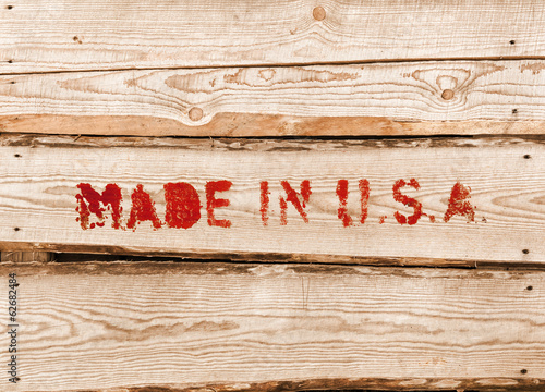 Made in USA. Red label on wooden box side Poster