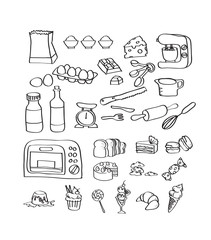 Mix hand draw set of bakery equipment and dessert icon