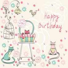 Vintage Card Vector With Cats In Bright Colors