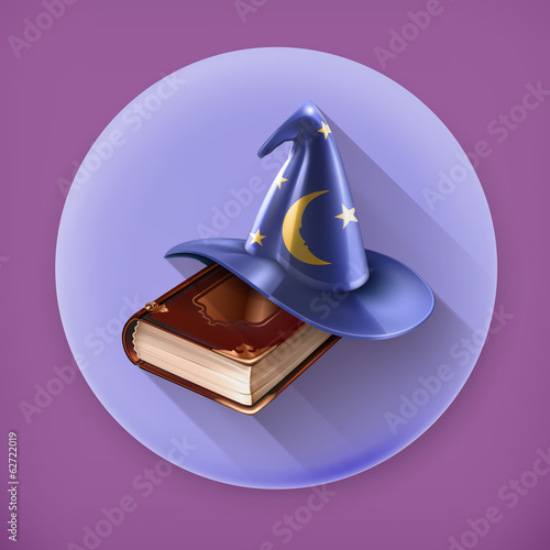 Wizard hat and old book, long shadow vector icon