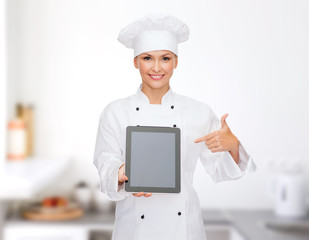 Canvas Print - smiling female chef with tablet pc blank screen