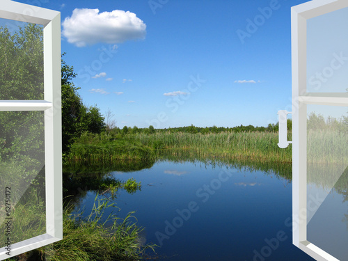 Fotoboard na płycie Otwarte okno do jeziora i łąki