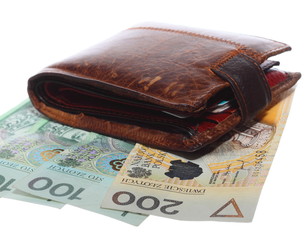 Economy and finance. Wallet with polish banknote isolated