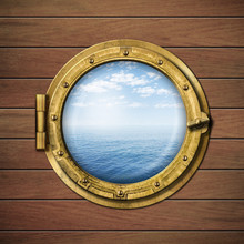 Boat Window Or Porthole With Sea Or Ocean Horizon On Wood Wall