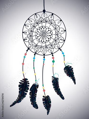 Plakat na papierze fotorealistycznym Color american indian dreamcatcher with bird feathers and flora