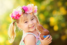 Cute Easter Girl With Chocolate Bunny