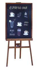 Coffee menu blackboard stand on with background with clipping pa