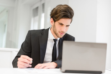 Businessman sitting at his laptop and working in the office