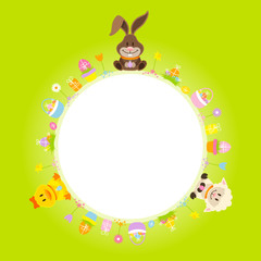 Poster - Easter Card Bunny, Duck & Sheep Round Frame Green