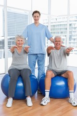 Wall Mural - Female therapist assisting senior couple with exercises