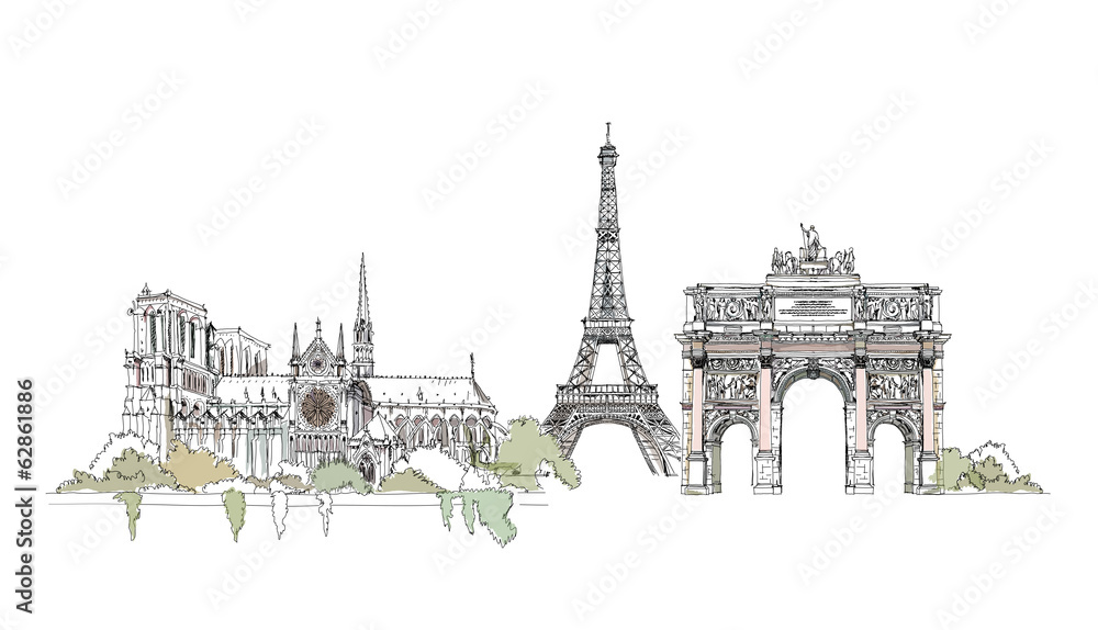 Paris, sketch collection: Notre Dame, Arch and Eiffel tower - obrazy, fototapety, plakaty 
