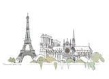 Fototapeta Paryż - Paris, sketch collection: Notre Dame and Eiffel tower