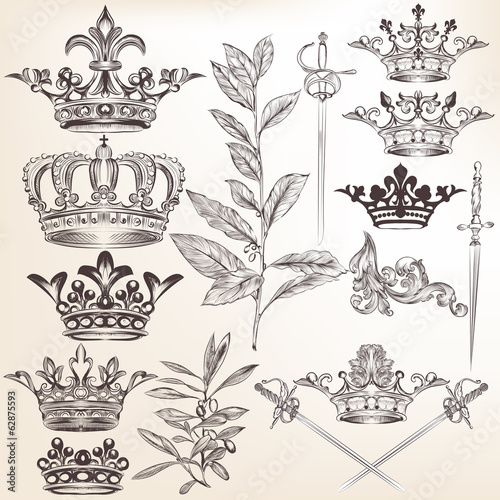 Naklejka samoprzylepna Kolekcja wektorowych koron heraldycznych i liści laurowych