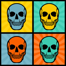 Four Illustrations With Skulls On Pop Art Background.