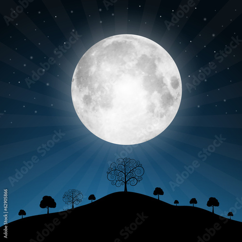 Plakat Ilustracja księżyc w pełni z gwiazd i drzew