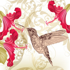 Poster - Beautiful  vector background  with humming bird and  flowers