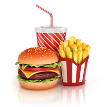 Fast Food Hamburger, Fries And Soft Drink 3d Illustration