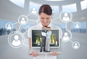 Poster - Happy businesswoman showing laptop with business people on it