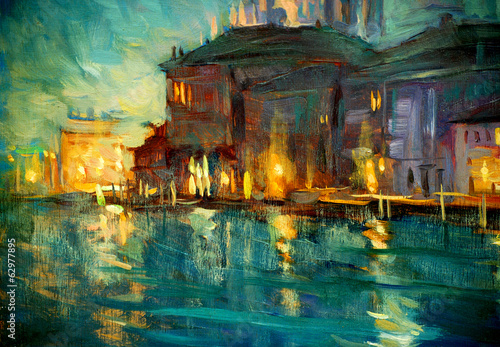 Plakat nocny krajobraz do Wenecji, obraz olejny na sklejce, ilustracja