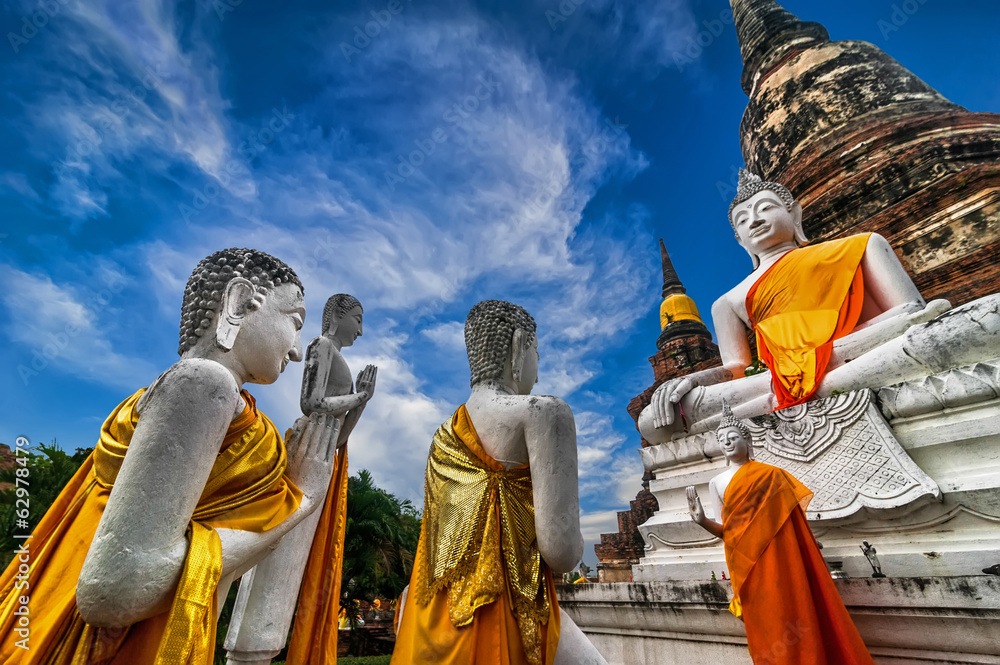 Buddhas at Wat Yai Chai Mongkhon temple. Ayutthaya, Thailand - obrazy, fototapety, plakaty 