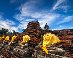 Wall Mural - Buddhas at Wat Yai Chai Mongkhon temple. Ayutthaya, Thailand