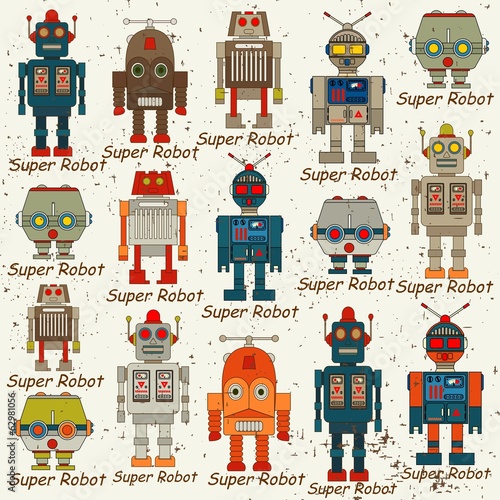 Obraz na płótnie canvas trzyczęściowy "tryptyk" Bezszwowy robota wzór, wektorowa kreskówki ilustracja