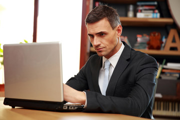 Poster - Confident businessman sitting with laptop at office