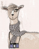 Fototapeta Fototapety dla młodzieży do pokoju - Cute hipster lama with photo camera, glasses and scarf